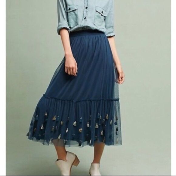 Maeve Dresses & Skirts - Anthropologie Maeve Blue Fringe Maxi TULLE MASTI TASSLE SKIRT